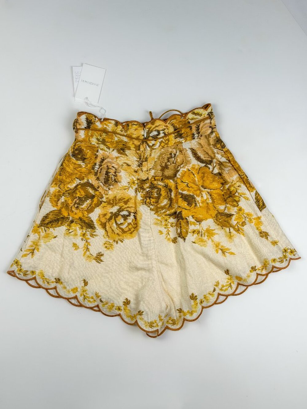 NWT Zimmermann Yellow Floral Print Linen Aliane Scallop Shorts